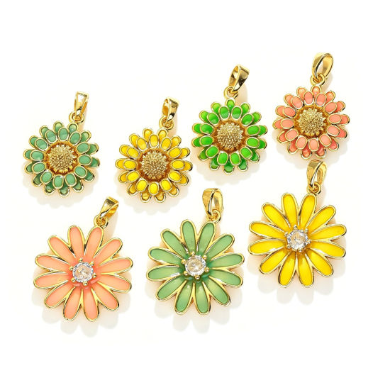 Image de 1 Pièce Pendentif Breloque En Gros en Laiton Plaqué Or 18K Marguerite Émail à Zircone Cubique Clair