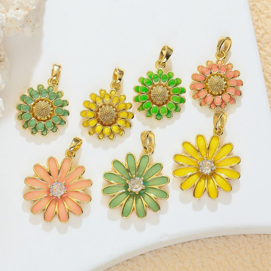 Image de 1 Pièce Pendentif Breloque En Gros en Laiton Plaqué Or 18K Marguerite Émail à Zircone Cubique Clair