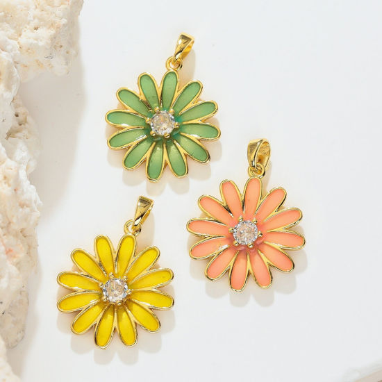 Image de 1 Pièce Pendentif Breloque En Gros en Laiton Plaqué Or 18K Marguerite Émail à Zircone Cubique Clair