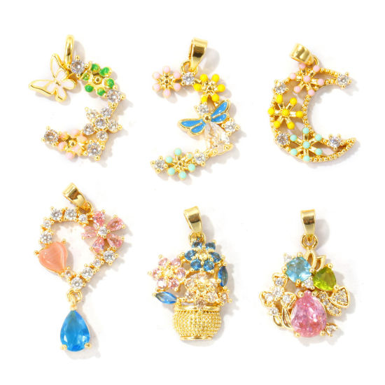 Picture of 2 PCs Brass & Cubic Zirconia Charms Wholesale 18K Real Gold Plated Multicolor Enamel Half Moon Flower Basket Micro Pave