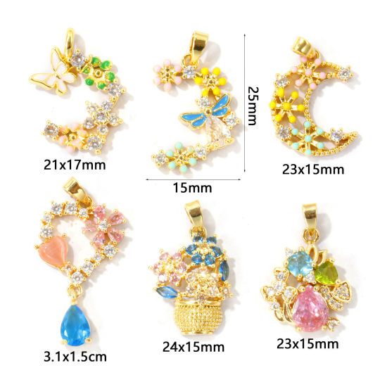 Picture of 2 PCs Brass & Cubic Zirconia Charms Wholesale 18K Real Gold Plated Multicolor Enamel Half Moon Flower Basket Micro Pave