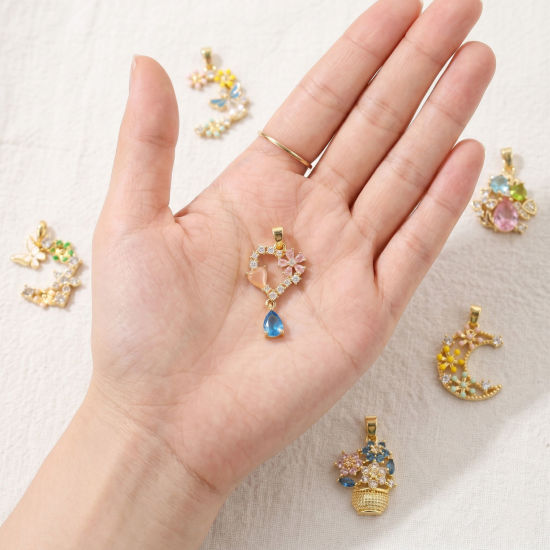 Picture of 2 PCs Brass & Cubic Zirconia Charms Wholesale 18K Real Gold Plated Multicolor Enamel Half Moon Flower Basket Micro Pave