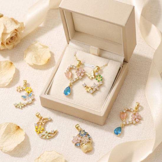 Picture of 2 PCs Brass & Cubic Zirconia Charms Wholesale 18K Real Gold Plated Multicolor Enamel Half Moon Flower Basket Micro Pave