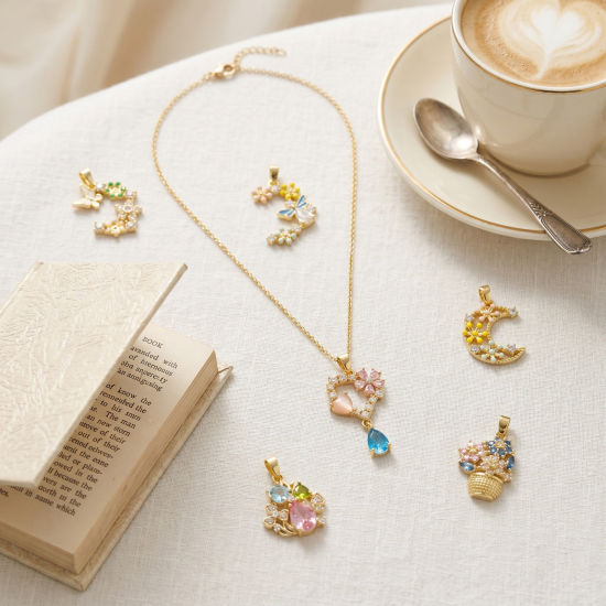 Picture of 2 PCs Brass & Cubic Zirconia Charms Wholesale 18K Real Gold Plated Multicolor Enamel Half Moon Flower Basket Micro Pave