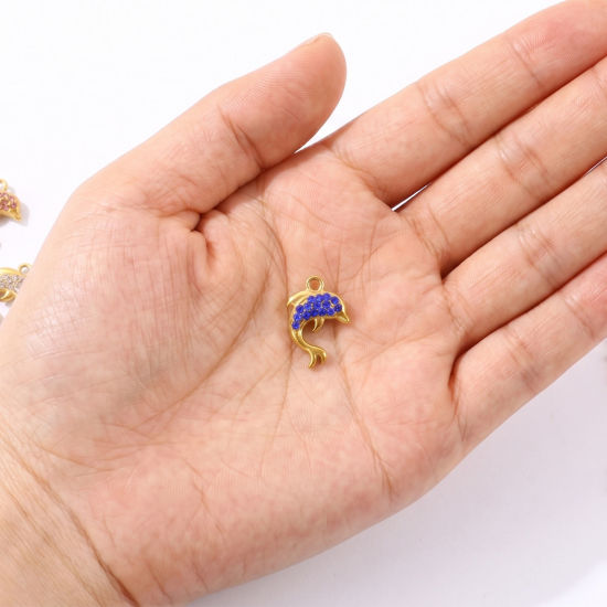 2 個 エコフレンドリー PVD 304ステンレス鋼 海ジュエリー チャーム 卸売り 18Kゴールドメッキ 熱帯魚 海豚 マイクロパヴェ 多色 ラインストーン の画像