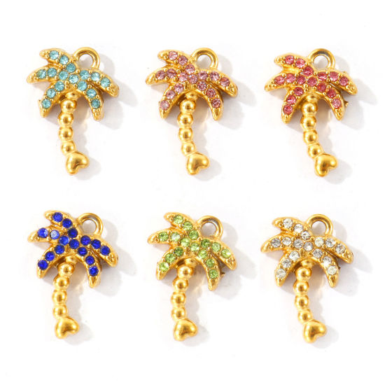 Picture of 2 PCs Eco-friendly PVD 304 Stainless Steel Charms Wholesale 18K Gold Plated Coconut Palm Tree Micro Pave Multicolor Rhinestone 14mm x 10mm