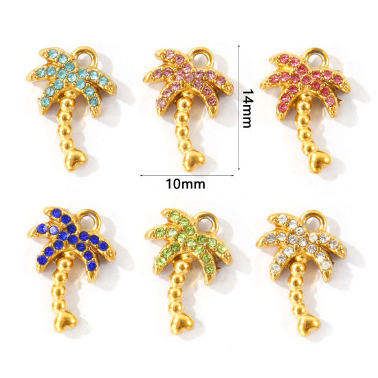 Picture of 2 PCs Eco-friendly PVD 304 Stainless Steel Charms Wholesale 18K Gold Plated Coconut Palm Tree Micro Pave Multicolor Rhinestone 14mm x 10mm