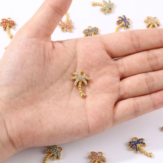 Picture of 2 PCs Eco-friendly PVD 304 Stainless Steel Charms Wholesale 18K Gold Plated Coconut Palm Tree Micro Pave Multicolor Rhinestone 14mm x 10mm