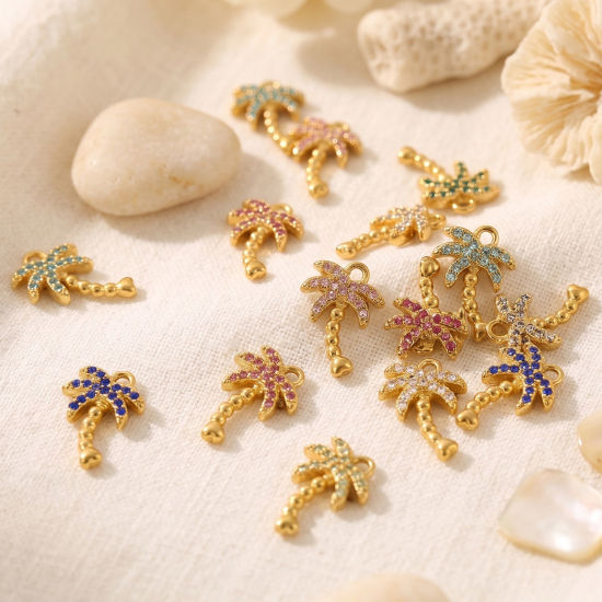 Picture of 2 PCs Eco-friendly PVD 304 Stainless Steel Charms Wholesale 18K Gold Plated Coconut Palm Tree Micro Pave Multicolor Rhinestone 14mm x 10mm