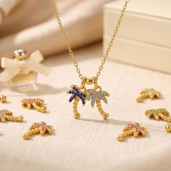 Picture of 2 PCs Eco-friendly PVD 304 Stainless Steel Charms Wholesale 18K Gold Plated Coconut Palm Tree Micro Pave Multicolor Rhinestone 14mm x 10mm