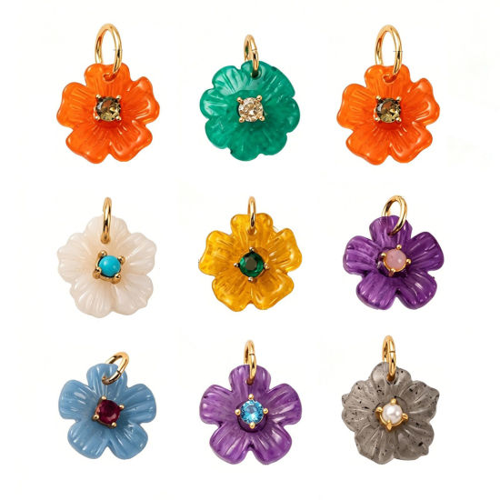 Picture of 1 Piece Brass & Resin Charms Wholesale 18K Gold Plated Multicolor Flower