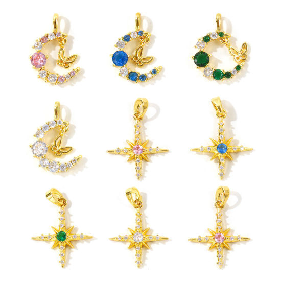 Picture of 2 PCs Brass Galaxy Charms Wholesale 18K Gold Plated Half Moon Star Multicolour Cubic Zirconia