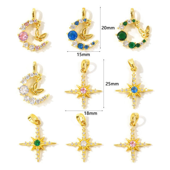 Picture of 2 PCs Brass Galaxy Charms Wholesale 18K Gold Plated Half Moon Star Multicolour Cubic Zirconia