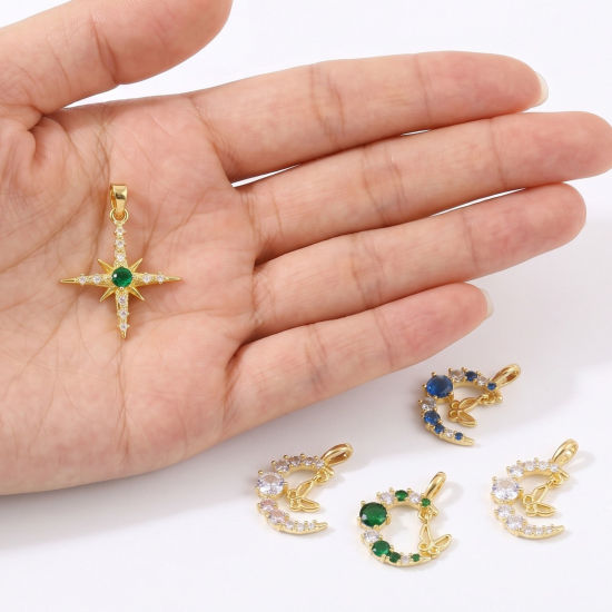 Picture of 2 PCs Brass Galaxy Charms Wholesale 18K Gold Plated Half Moon Star Multicolour Cubic Zirconia