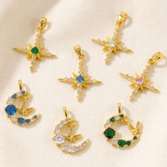 Picture of 2 PCs Brass Galaxy Charms Wholesale 18K Gold Plated Half Moon Star Multicolour Cubic Zirconia