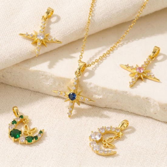 Picture of 2 PCs Brass Galaxy Charms Wholesale 18K Gold Plated Half Moon Star Multicolour Cubic Zirconia