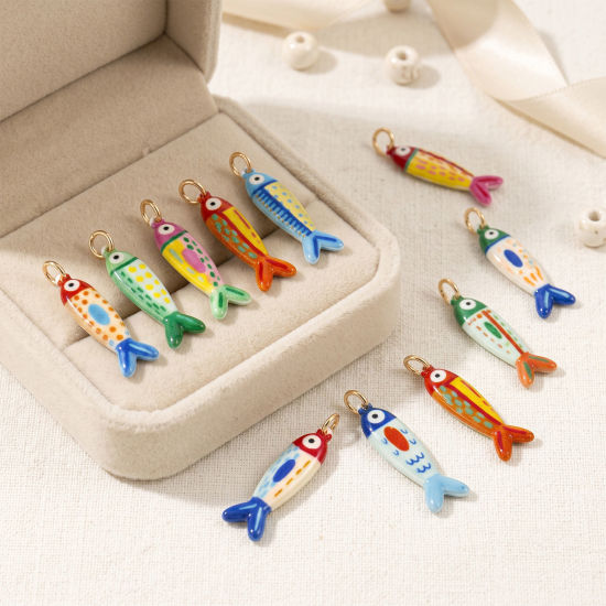 Picture of 1 Piece Eco-friendly 304 Stainless Steel Ocean Jewelry Pendants Wholesale 18K Gold Plated Multicolor Fish Animal Double Sided Printed 3.1cm x 0.8cm