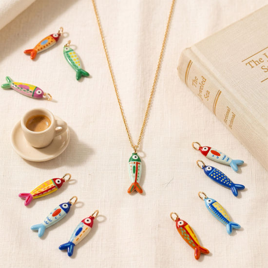 Picture of 1 Piece Eco-friendly 304 Stainless Steel Ocean Jewelry Pendants Wholesale 18K Gold Plated Multicolor Fish Animal Double Sided Printed 3.1cm x 0.8cm