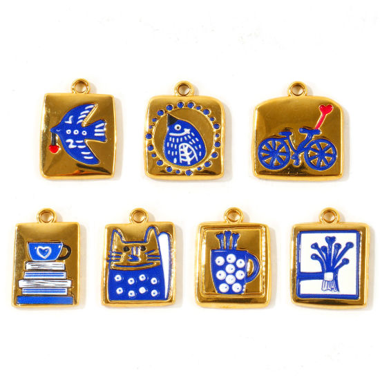 Picture of 2 PCs Eco-friendly PVD Waterproof Anti-Tarnish Hypoallergenic 304 Stainless Steel Charms Wholesale 18K Real Gold Plated Dark Blue Enamel Printed