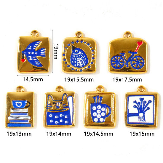 Picture of 2 PCs Eco-friendly PVD Waterproof Anti-Tarnish Hypoallergenic 304 Stainless Steel Charms Wholesale 18K Real Gold Plated Dark Blue Enamel Printed