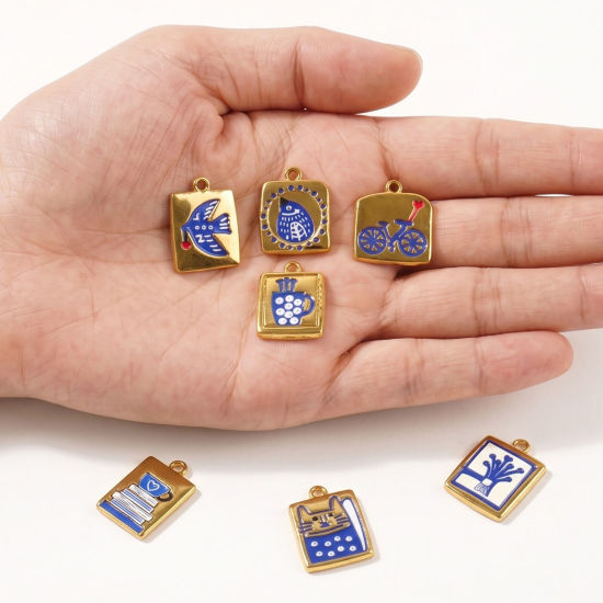 Picture of 2 PCs Eco-friendly PVD Waterproof Anti-Tarnish Hypoallergenic 304 Stainless Steel Charms Wholesale 18K Real Gold Plated Dark Blue Enamel Printed