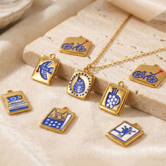 Picture of 2 PCs Eco-friendly PVD Waterproof Anti-Tarnish Hypoallergenic 304 Stainless Steel Charms Wholesale 18K Real Gold Plated Dark Blue Enamel Printed