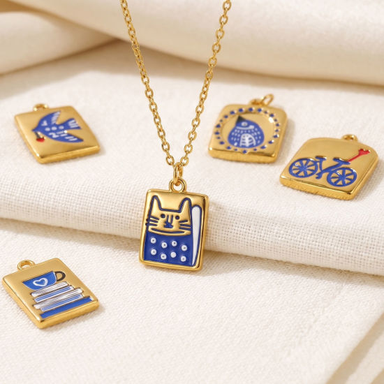 Picture of 2 PCs Eco-friendly PVD Waterproof Anti-Tarnish Hypoallergenic 304 Stainless Steel Charms Wholesale 18K Real Gold Plated Dark Blue Enamel Printed