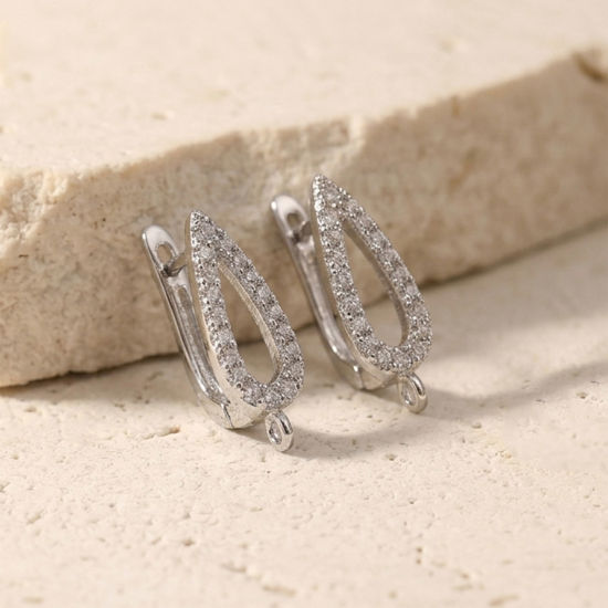 Picture of 1 Pair Brass Micro Pave Hoop Earrings For DIY Jewelry Making Accessories Wholesale Multicolor Drop Clear Cubic Zirconia With Loop 21mm x 6mm, Post/ Wire Size: 1.1mm(17 gauge)
