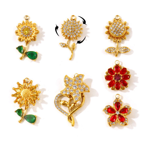 Picture of 1 Piece Eco-friendly PVD 304 Stainless Steel Flora Collection Charms Wholesale 18K Gold Plated Flower Rotatable Multicolour Cubic Zirconia