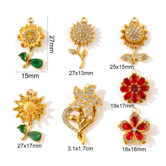Picture of 1 Piece Eco-friendly PVD 304 Stainless Steel Flora Collection Charms Wholesale 18K Gold Plated Flower Rotatable Multicolour Cubic Zirconia