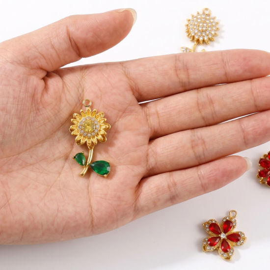 Picture of 1 Piece Eco-friendly PVD 304 Stainless Steel Flora Collection Charms Wholesale 18K Gold Plated Flower Rotatable Multicolour Cubic Zirconia