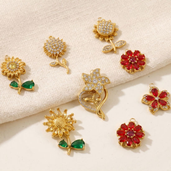 Picture of 1 Piece Eco-friendly PVD 304 Stainless Steel Flora Collection Charms Wholesale 18K Gold Plated Flower Rotatable Multicolour Cubic Zirconia
