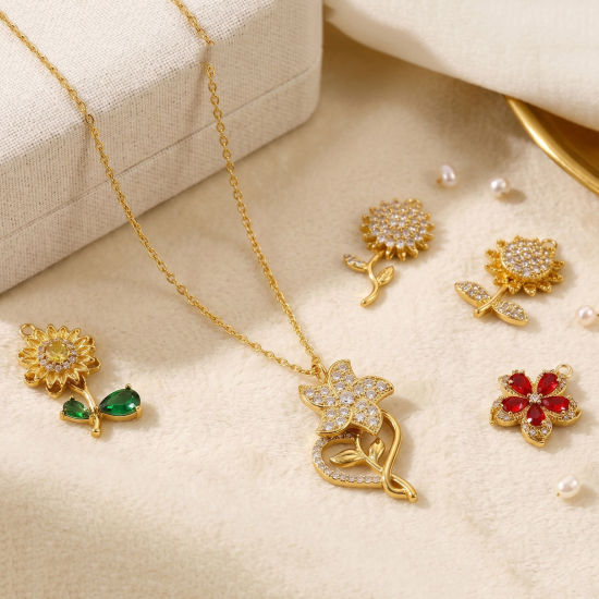 Picture of 1 Piece Eco-friendly PVD 304 Stainless Steel Flora Collection Charms Wholesale 18K Gold Plated Flower Rotatable Multicolour Cubic Zirconia