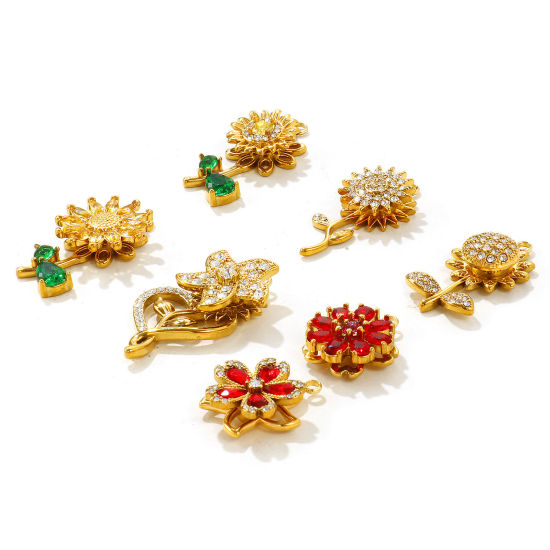 Picture of 1 Piece Eco-friendly PVD 304 Stainless Steel Flora Collection Charms Wholesale 18K Gold Plated Flower Rotatable Multicolour Cubic Zirconia