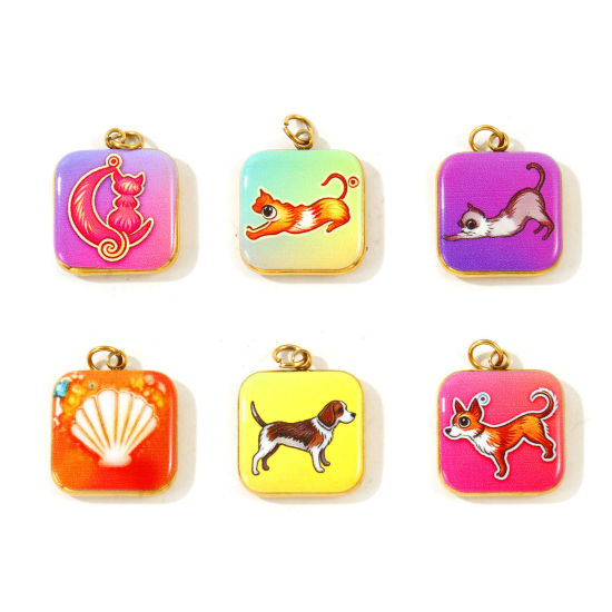 Picture of 2 PCs Eco-friendly PVD 304 Stainless Steel Charms Wholesale 18K Gold Plated Multicolor Square Pet Printed 19mm x 14mm