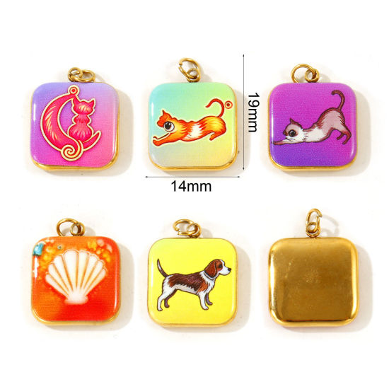 Picture of 2 PCs Eco-friendly PVD 304 Stainless Steel Charms Wholesale 18K Gold Plated Multicolor Square Pet Printed 19mm x 14mm