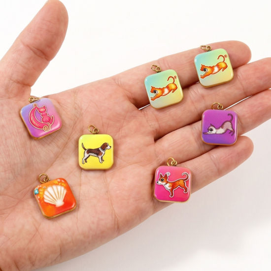 Picture of 2 PCs Eco-friendly PVD 304 Stainless Steel Charms Wholesale 18K Gold Plated Multicolor Square Pet Printed 19mm x 14mm