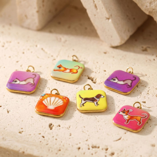 Picture of 2 PCs Eco-friendly PVD 304 Stainless Steel Charms Wholesale 18K Gold Plated Multicolor Square Pet Printed 19mm x 14mm