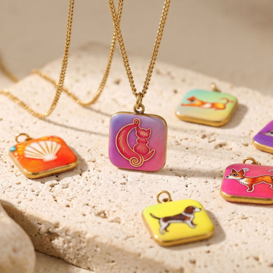 Picture of 2 PCs Eco-friendly PVD 304 Stainless Steel Charms Wholesale 18K Gold Plated Multicolor Square Pet Printed 19mm x 14mm