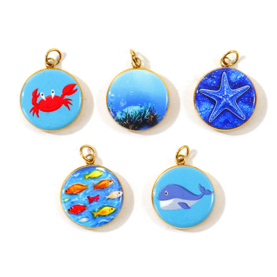 2 個 エコフレンドリー PVD 304ステンレス鋼 海ジュエリー チャーム 卸売り 18Kゴールドメッキ 多色 円形 ディスク 海洋動物 印刷された 19mm x 14mm、 の画像
