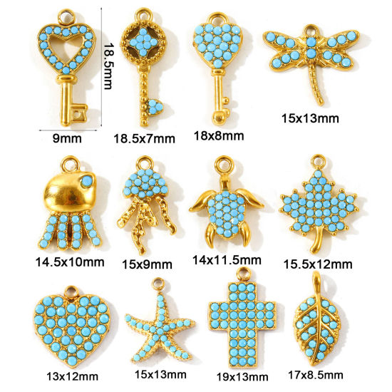 2 個 エコフレンドリー PVD 防水 耐変色性の 低アレルギー性の 304ステンレス鋼 チャーム 卸売り 18Kリアルゴールドメッキ キー 海洋動物 マイクロパヴェ ブルー ジルコン の画像