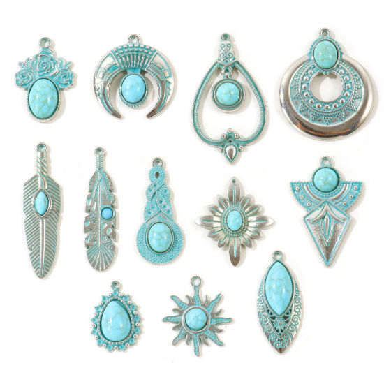 Picture of 5 PCs Zinc Based Alloy Boho Chic Bohemia Pendants Wholesale Antique Silver Color Green Blue Patina Finish Verdigris Effect Imitation Turquoise