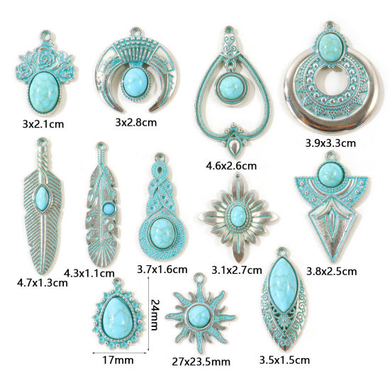 Picture of 5 PCs Zinc Based Alloy Boho Chic Bohemia Pendants Wholesale Antique Silver Color Green Blue Patina Finish Verdigris Effect Imitation Turquoise