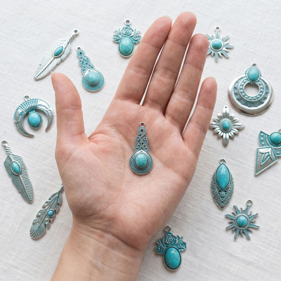 Picture of 5 PCs Zinc Based Alloy Boho Chic Bohemia Pendants Wholesale Antique Silver Color Green Blue Patina Finish Verdigris Effect Imitation Turquoise