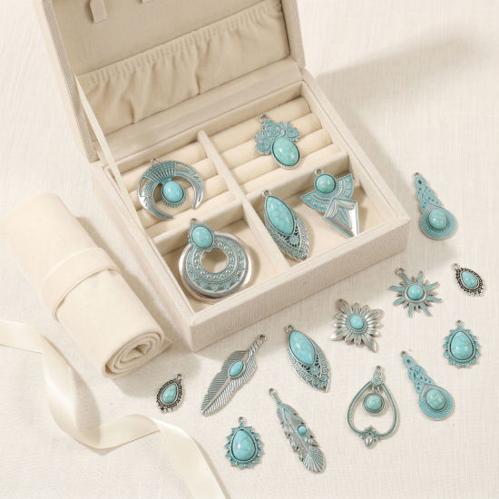 Picture of 5 PCs Zinc Based Alloy Boho Chic Bohemia Pendants Wholesale Antique Silver Color Green Blue Patina Finish Verdigris Effect Imitation Turquoise