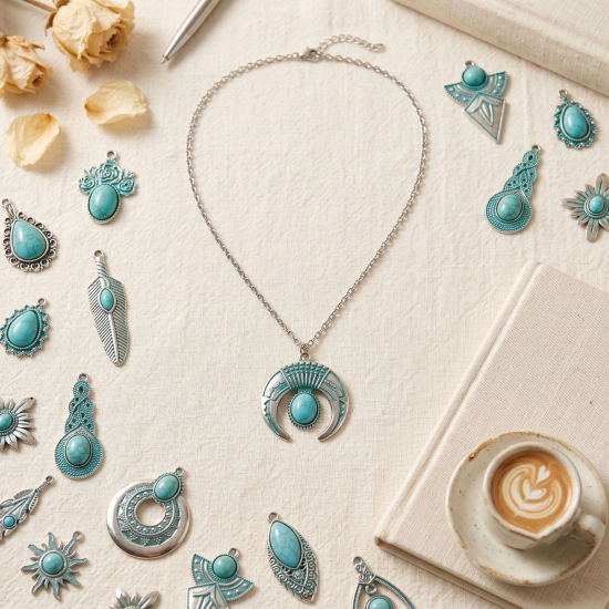 Picture of 5 PCs Zinc Based Alloy Boho Chic Bohemia Pendants Wholesale Antique Silver Color Green Blue Patina Finish Verdigris Effect Imitation Turquoise