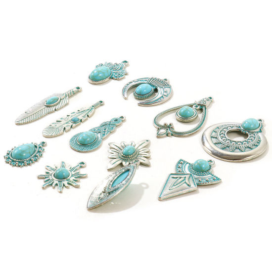 Picture of 5 PCs Zinc Based Alloy Boho Chic Bohemia Pendants Wholesale Antique Silver Color Green Blue Patina Finish Verdigris Effect Imitation Turquoise