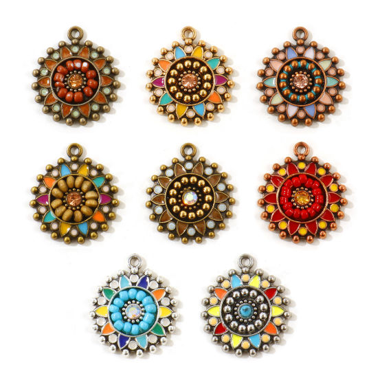 Picture of 5 PCs Zinc Based Alloy Boho Chic Bohemia Charms Wholesale Multicolor Enamel Round 25mm x 22mm