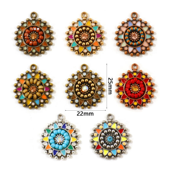 Picture of 5 PCs Zinc Based Alloy Boho Chic Bohemia Charms Wholesale Multicolor Enamel Round 25mm x 22mm