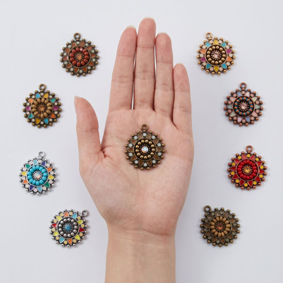 Picture of 5 PCs Zinc Based Alloy Boho Chic Bohemia Charms Wholesale Multicolor Enamel Round 25mm x 22mm